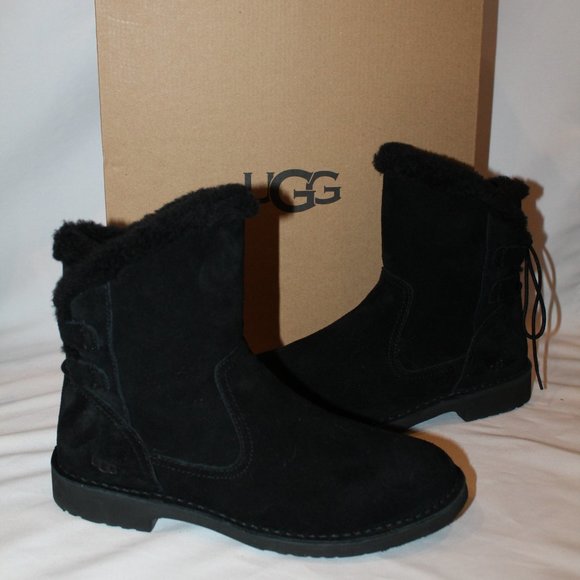 NIB UGG NAIYAH SUEDE SHEEPSKIN TIE WINTER ANKLE BOOTIE BOOTS BLACK - Picture 3 of 10